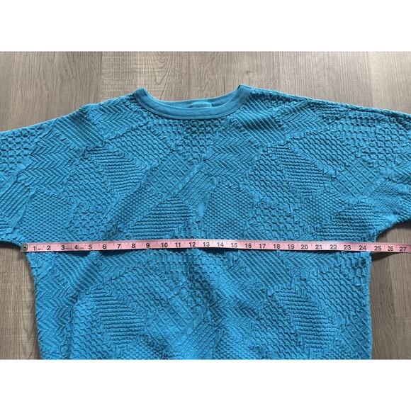 VINTAGE 80s Women Sweater XL Neon Turquoise Textured Long Sleeve Crew Neck - Picture 7 of 8